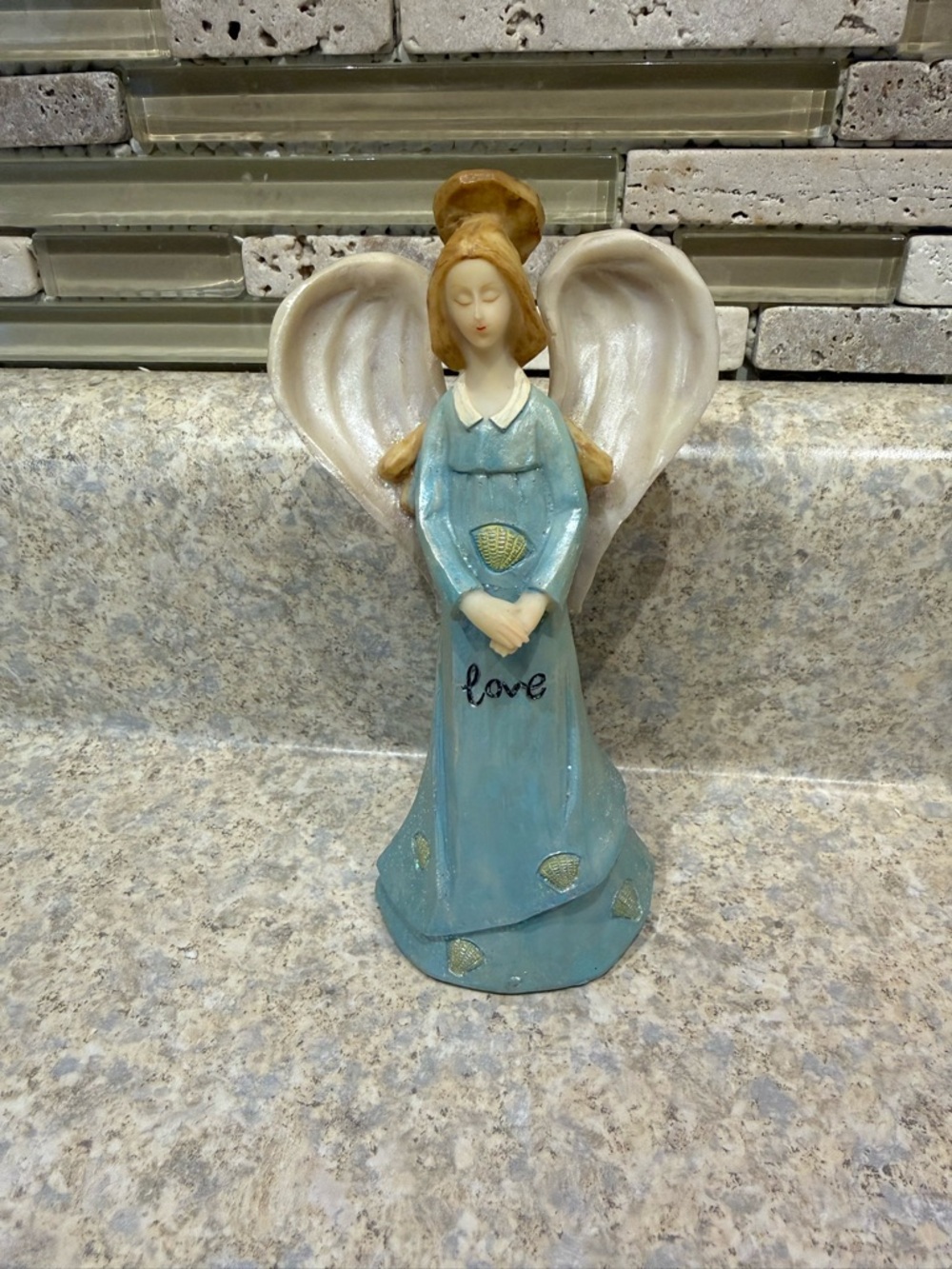Source Unknown Blue and Cream Angel Figurine with Gold Accents